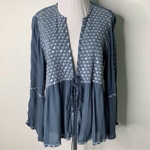 Raga Women's Boho Blue Embroidered Tie Front Duster Top Long Sleeve Size Large